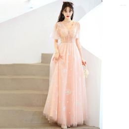 Party Dresses Evening Dress V-Neck Pleat Short Sleeves Floor-Length Elegant Embroidery A-Line Lace Up Tulle Woman Formal Gowns A1999