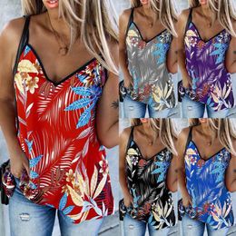 Camisoles & Tanks Leaves Printed Crop Top Vest Tops Womens V-neck Sleeveless Tank Sexy Women's Blouse