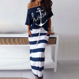 Casual Dresses Summer Striped Dress Women Casual Sexy Slash Ankle-Length Slim Dresses Female Off Shoulder Blouses T-shirt Maxi Dress 2 Pieces 230404