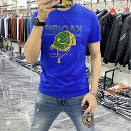 Mens T Shirts Summer New Western Style Baseball Cap Pattern Printing Hot Diamond Design Custom Thirt Mercerized Cotton Slim O-neck Plus Size Fashion Brand M-7XL