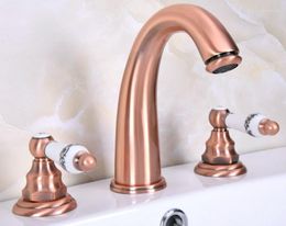 Bathroom Sink Faucets Antique Red Copper Double Ceramic Handle Deck-Mount Three Hole Widespread Bathtub Basin Faucet Mixer Tap Drg062