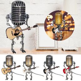 Decorative Objects Figurines Vintage Microphone Robot Lamp Play Guitar LED Lamp Lights Vintage Miniatures Crafts Lighting Office Desk Home Decoration 230404