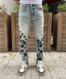 Mens Jeans American Designer Star Embroidery Splice Fashion Brand Jeans Motorcycle Pants Men Slim Fit Pants