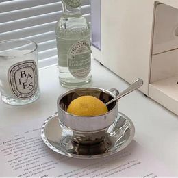 Mugs Stainless Steel Coffee Cup Saucer Spoon Set Heat Resistant180ml Tumbler Jug Milk Tea Cups Office Water Drinkware