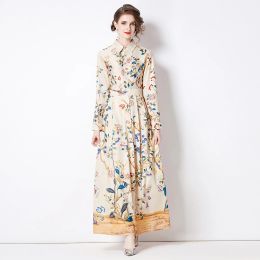 Basic Casual Dresses Runway Flower Long Maxi Dress Women Turn Down Neck Long Sleeve Vacation Beach Dresses Female 2024 Spring Summer New