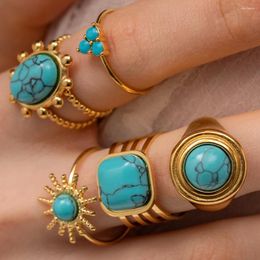 Cluster Rings Uworld Stainless Steel 18K PVD Gold Plated Natural Stone Turquoise Waterproof Adjustable Ring Women Fashion Charm France