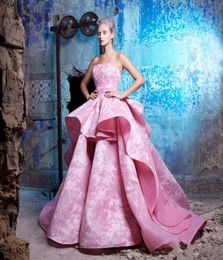 Arabia Style Strapless Prom Dresses 2017 Summer Lace Applique Pink Ruched Evening Gowns Satin Ruffles Puffy Formal Party Dresses C1187004