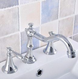 Bathroom Sink Faucets Chrome Finish Brass 2 Lever Handle Deck-Mount Three Hole Widespread Lavatory Vessel Basin Faucet Mixer Tap Dnf539