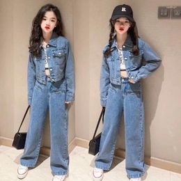 Clothing Sets Teens Girl Clothes Kids Girls Chic Denim Short Jacket High Waisted Jeans Wide Leg Pants Children's Suit