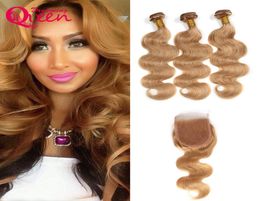 Brazilian Human Hair Bundles With Lace Closure 27 Honey Blonde Virgin Hair Wefts With Lace Closure Bleached Knots Body Wave Blond7439532