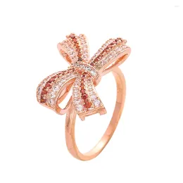 Cluster Rings Korean Fresh Rose Color Full Rhinestone Bowknot Ring Crytsal Zircon Ribbon Bow For Women Jewelry Finger Circlet Hoops Gift