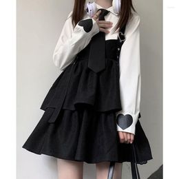 Casual Dresses Suspender Strap Gothic Dress Black Japanese Style Sweet Loose Jk Cake Tiered Korean Lolita Halloween Costume