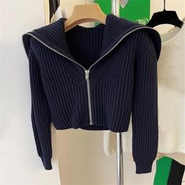 Women's Sweaters Navy Collar Double Zip Knitted Cardigan Loose Slim Long Sleeve Sweater Coat