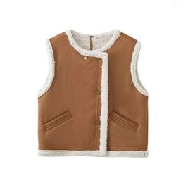 Women's Vests Women 2023 Fashion Lamb Wool Cropped Vest Coat Vintage Sleeveless Loose Pocket All-match Casual Female Waistcoat Chic Tops