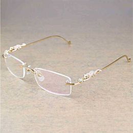 2023 Designer Glasses New Vintage Leopard Rimless Clear Stone Transparent Glass Frame Luxury Eyewear Men Accessories Oculos Eyeglasses 6384