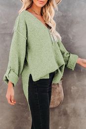 Women's Sweaters Green Buttoned Drop Shoulder Knitted Sweater Women Autumn Winter V Neck 3/4 Sleeve Tops