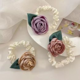 New Fashion Satin Rose Hair Scrunchies for Women Girl Sweet Camellia Elastic Head Rope Ponytail Holder Korean Hair Accessories