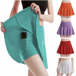 Tennis Skirts Women's Tennis Culottes High Waist Pocket Fitness Skirt Training Athletic Running Yoga Sports Shorts Lining Girl Anti-emptied 230404