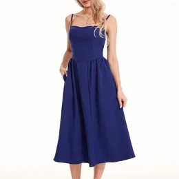 Casual Dresses Musuos Party Beach Solid Summer Women Square Neck Sleeveless Backless Corset Pleated A-line Midi Dress Streetwear