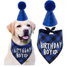 Dog Apparel 2pcs Set Birthday Boy Triangle Scarf Hat Pet Saliva Towel Lattice Accessories