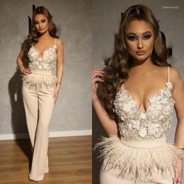 Party Dresses Ivory Jumpsuits Prom Long Spaghetti Lace Appliqued Feather Dubai Arabic Celebrity Evening Gowns Pantsuits Formal