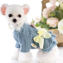 Dog Apparel Blue Pink Colors Warm Dress With Small Flower Decorative Pet Clothes 2023 Autumn And Winter Abbigliamento Cane Skirt