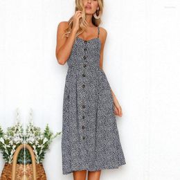 Casual Dresses Summer Women's Long Floral Print Bohemian V-neck Button Sleeves Beachwear Wear Spaghetti Strap Dress