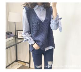 Women's Vests Sweater Vest Women V-neck Solid Pocket Loose Simple Knitted Casual Womens Elegant Autumn Daily Outwear All-match OL Sweaters