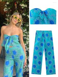 Women's Two Piece Pants Print Crop Tube Top Pant Suit Female Knotted Corset And Zipper Wide Leg Trousers 2 Set Summer Streetwear Casual