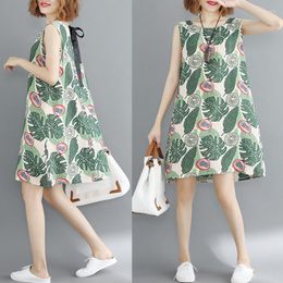 Casual Dresses 2023 Summer Style Silk Linen Art Fashion Leaf Print Dress With Bowknot Large Size Hedging Loose Women S427