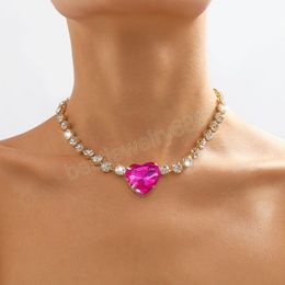 Luxury Rose Red Glass Heart Choker Necklace For Women Girls Fashion Full Rhinestone Choker Chain Necklace New Jewellery