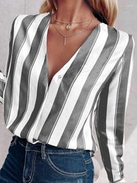 Women's Blouses Vintage Stripe Long Sleeve Shirts Women Deep V Neck Elegant Fashion Blouse Tops Casual 2023 Spring Summer Ol Printed Basic