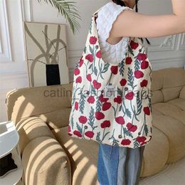 Shoulder Bags Handbags Soft Thin Canvas Women's Shopping Fashion Vintage Printed Ladies Bag Sweet Flower Female Underarm Tote Handbagcatlin_fashion_bags
