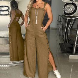 Women's Jumpsuits Rompers Summer Fashion Womens Sleeveless Jumpsuit Rompers Ladies Solid Cotton Linen Wide Leg Button Openings Long Trousers Suspenders 230404