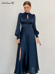 Casual Dresses Mnealways18 Elegant Evening Dresses Navy Hollow Out Woman Satin Midi Party Dress Spring Lantern Sleeves Sliky Keyhole Dress 230404