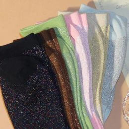 Women Socks Filigree Glitter Candy Colour Sequin Cotton Fashion Bright Silver Silk Loose Harajuku Shiny Stockings