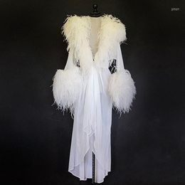 Women's Sleepwear White Bathrobe Women's Ostrich Feather Bath Gown Tulle Illusion Long Bridal Robe Wedding Nightgown