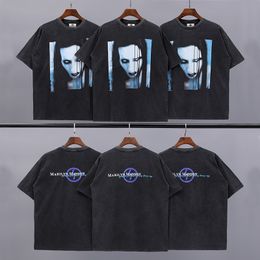 Yaz High Street Manson Yıkanmış Yıpranmış Figür Desen Baskı Sis Pamuklu Siyah Tişört Erkekler