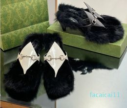 Quality Fashion Fur Flip Flops Famous Designer Women Fairy Genuine Leather G Sandals Large Size Metal Buckle Fur Insole Spike Heel Low Heeled Clip Toe G Slipper