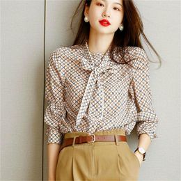 Women's Blouses Autumn French Fashion Women Plaid Printing Bow Knot Bandage Chiffon Shirts Elegant Office Lady Slim Shirt Tops