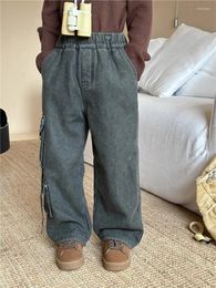 Trousers 2023 Winter Korean Children's Work Jeans Unisex Plush Casual Pants Boys Clothes Teenage Girls Clothing