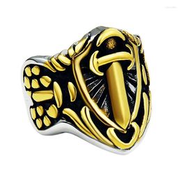 Cluster Rings Men's Big Punk Sword Ring Vintage Cross Shield Stainless Steel Finger Band Gold Color Jewelry