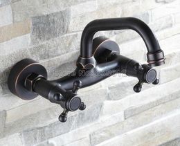 Bathroom Sink Faucets Black Oil Rubbed Bronze Tow Hole Wall Mounted Basin Faucet / 360 Swivel Spout Kitchen Mixer Taps Wnf321