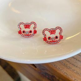 Stud Earrings Red Cute Animal Tiger For Women Fashion Hollow Crystal Rhinestones Charms Small Jewellery Boucle D'oreille