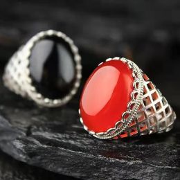 Retro Ring Silver Color Simple Black Red Stone Hollow Rings Open Adjustable Ring Women Men Wedding Finger Rings Jewelry Gifts