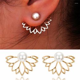 Stud Earrings Korean Jewelry Simple Imitation Pearl Flower For Women Fashion Double Sided Statement Ear Wholesale