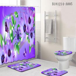 Shower Curtains 4 Piece Bright Flowers In The Garden Curtain Floral Bathroom Bath Carpet Toilet Cover Mat Pad Set Home Decor