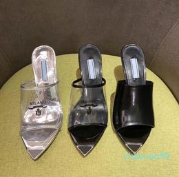 Designer Women Sandals Triangle Logo Printed Plexiglass Heels Milano Slides Chunky High Heel 7.5cm Silver Metallic Leather Insole Slippers 35-42