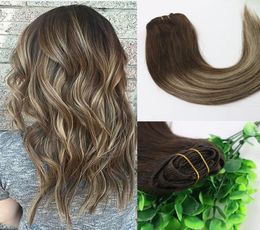 8A 7pcs 120gram Clip In Human Hair Extensions Ombre Brown Human Hair Brunette Shade With Blonde Balayage Highlights9141145