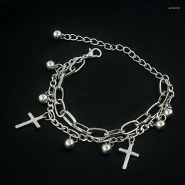 Link Bracelets 2023 Double Strand Rolo Chain With Cross Charms Bracelet For Men Stainless Steel Lobster Claw Clasp Closure